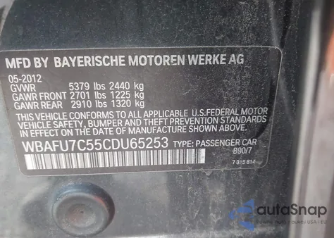 2012 BMW 535I xDrive z USA, uszkodzony, nr VIN WBAFU7C55CDU65253